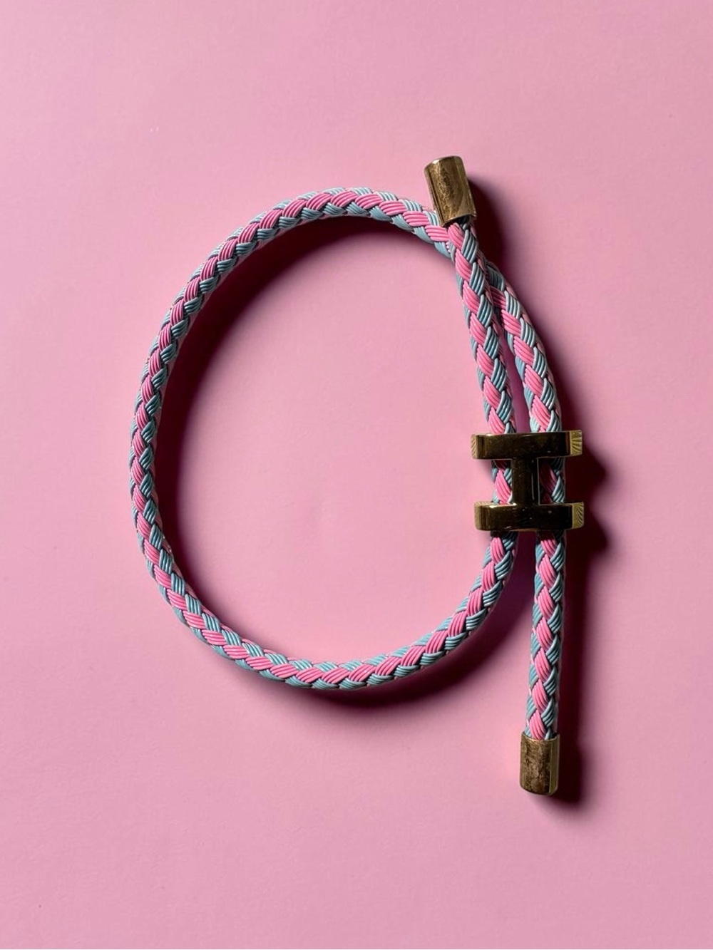 Pink&blue Braided Rope Cord Bracelet with Gold-Tone Stainless steel
